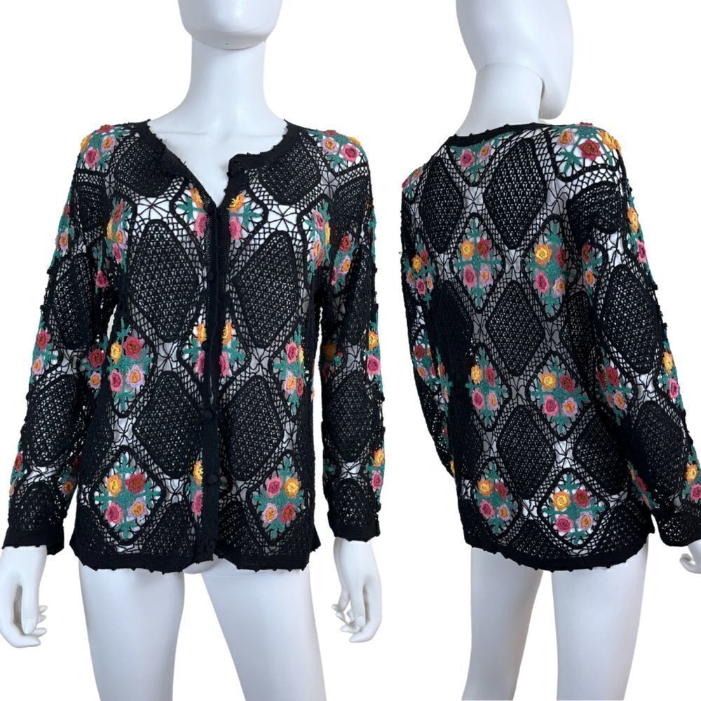 Vintage Black Women Size S Crochet Open Knit Floral Sweater Cardigan Cottagecore